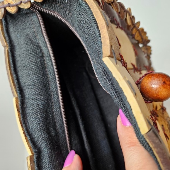 Coconut Shell Engraved Shoulder Bag Purse Boho Zip Top Handmade - Picture 8 of 12